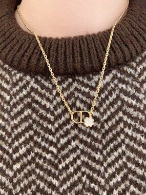 Dior Gold CD Logo White Mother of Pearl Clover Pendant Necklace